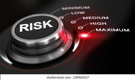 Switch button positioned on the word maximum, black background and red light. Conceptual image for illustration of high level of risks.