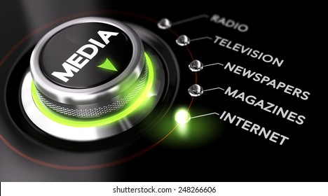 Switch Button Positioned On The Word Internet, Black Background And Green Light. Conceptual Image For Illustration Of Marketing Advertising Campaign And Communication Strategy