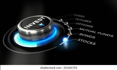 Switch button positioned on the word stock, black background and blue light. Conceptual image for illustration of investment strategy
