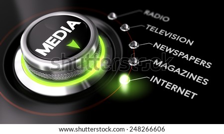 Switch button positioned on the word internet, black background and green light. Conceptual image for illustration of Marketing Advertising Campaign and communication strategy