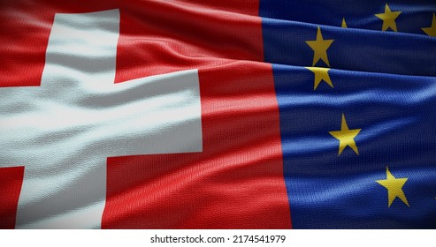 Switzerland And European Union Flag Background. Relationship Between Country Government And EU. 3D Illustration.