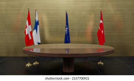 Switzerland And Finland To Join NATO. Flag Finland, Flag Switzerland, Flag Turkey And Flag NATO. NATO Summit. 3D Work And 3D Illustration.  Yerevan, Armenia - 2022 May 18: