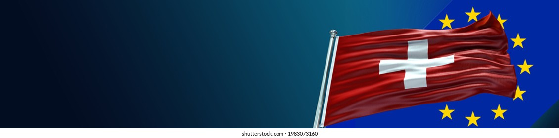 Switzerland Flag With Flat European Union Flag And Large Gradient Double Flag - 3D Illustration - 3D Render  