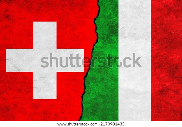 Switzerland and Italy painted flags on a wall\
with a crack. Italy and Switzerland relations. Switzerland and\
Italy flags\
together