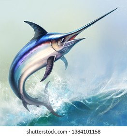Swordfish against ocean waves background. Marlin jumps out of the water. Fishing on the high seas is a big marlin sword.