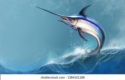 Swordfish against ocean waves background. Marlin jumps out of the water. Fishing on the high seas is a big marlin sword.