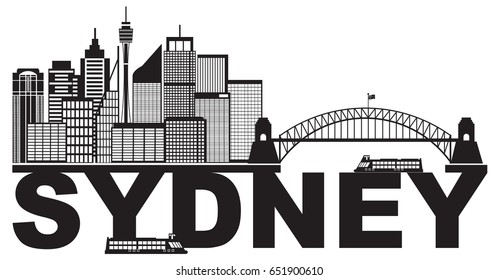 Sydney Australia Skyline Landmarks Harbour Bridge Black Abstract Isolated On White Background Raster Illustration