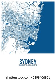 Sydney Blue Color City Map Poster