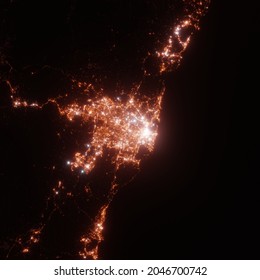 Sydney City Lights Map, Top View From Space. Aerial View On Night Street Lights. Global Networking, Cyberspace. High Resolution