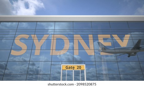 Sydney City Name And Landing Plane At Modern Airport 3D Rendering