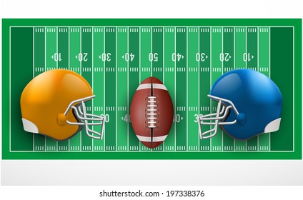 Symbol of a american football game. Helmets and ball on field in three-dimensional space. Isolated on white background. Bitmap copy. - Powered by Shutterstock