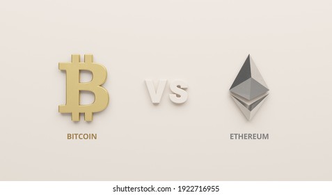 Symbol of Bitcoin vs Ethereum, the two most famous cryptocurrencies. 3D rendering of Cryptocurrency coin logos, 2p2 exchange, blockchain technology