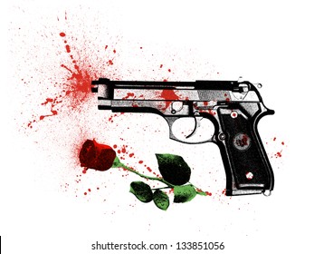 symbol a crime in the name of love, a pistol and a rose covered with bloodstains