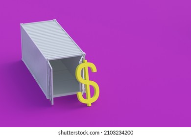 Symbol Of Dollar Near Freight Container. Large International Investment Concept. Transportation Of Financial Aid, Credit. Global Financial System. Profit From Import, Export. 3d Render