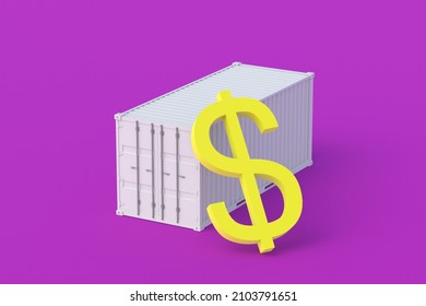 Symbol Of Dollar Near Freight Container. Large International Investment Concept. Transportation Of Financial Aid, Credit. Global Financial System. Profit From Import, Export. 3d Render