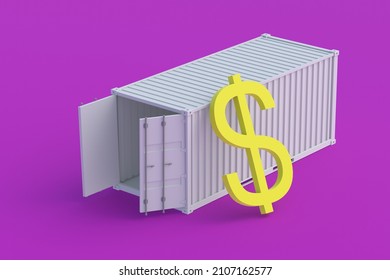 Symbol Of Dollar Near Freight Container. Large International Investment Concept. Transportation Of Financial Aid, Credit. Global Financial System. Profit From Import, Export. 3d Render