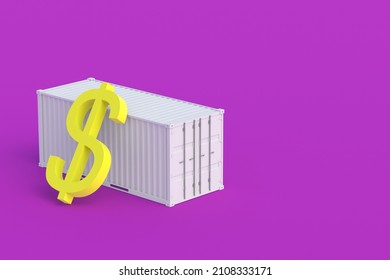 Symbol Of Dollar Near Freight Container. Large International Investment Concept. Transportation Of Financial Aid, Credit. Global Financial System. Profit From Import, Export. 3d Render