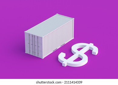 Symbol Of Dollar Near Freight Container. Large International Investment Concept. Transportation Of Financial Aid, Credit. Global Financial System. Profit From Import, Export. 3d Render