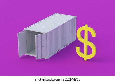 Symbol Of Dollar Near Freight Container. Large International Investment Concept. Transportation Of Financial Aid, Credit. Global Financial System. Profit From Import, Export. 3d Render