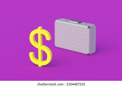 Symbol of dollar near metal suitcase. The state budget. Corruption in the government. Social help. Payment of taxes. Bank transfers. Money prize. Pension accrual. Housing rent. 3d render
