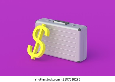Symbol of dollar near metal suitcase. The state budget. Corruption in the government. Social help. Payment of taxes. Bank transfers. Money prize. Pension accrual. Housing rent. 3d render