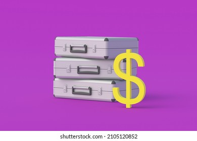 Symbol of dollar near metal suitcases. The state budget. Corruption in the government. Social help. Payment of taxes. Bank transfers. Money prize. Pension accrual. Housing rent. 3d render