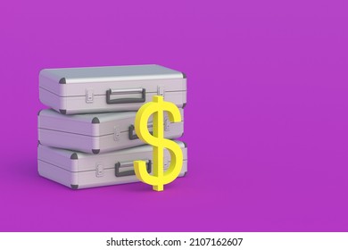 Symbol of dollar near metal suitcases. The state budget. Corruption in the government. Social help. Payment of taxes. Bank transfers. Money prize. Pension accrual. Housing rent. Copy space. 3d render