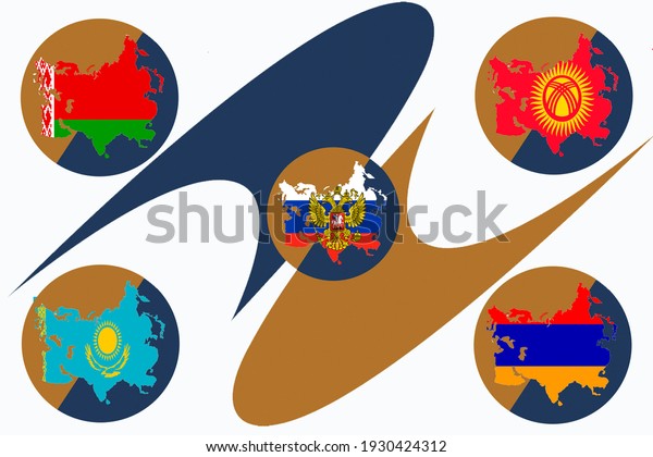 The symbol of the Eurasian Economic Union on a white background. Flags of the EAEU countries in the corners. 3d-rendering