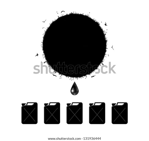 symbol of extraction of\
petroleum on the earth represented by a silhouette of the planet, a\
drop of petrol squeezed from it and some jerrycans waiting to be\
filled with fuel