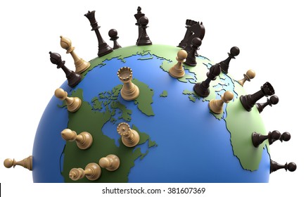 Symbol Of Geopolitics The World Globe With Chess Pieces 