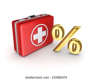 Symbol Of Percents On A Medical Suitcase.Isolated On White Background.3d Rendered.