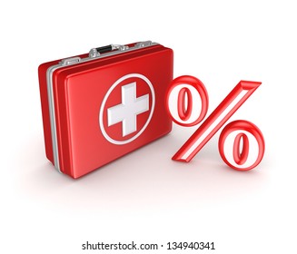 Symbol Of Percents On A Medical Suitcase.Isolated On White Background.3d Rendered.