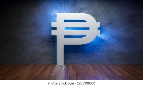 Symbol Of Philippine Peso Glowing In Empty Concrete Room As Currency Sign，3D Rendering