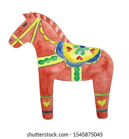 Symbol of Sweden Dalarna horse toy, watercolor illustration