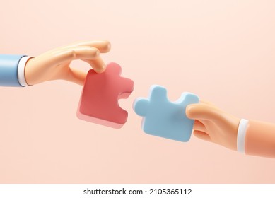 Symbol Of Teamwork, Hand Of People Connecting Jigsaw Puzzle, Cooperation, Partnership. 3d Render. Business Concept.