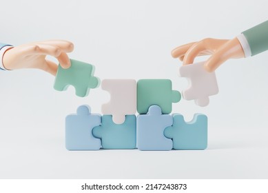 Symbol of teamwork, Hand of people connecting jigsaw puzzle, cooperation, partnership. 3d render. Business concept.