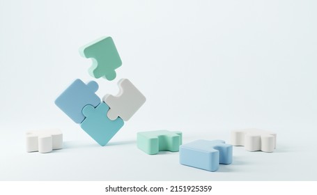 Symbol Of Teamwork, Jigsaw Puzzle Connecting, Cooperation, Partnership, Copy Space, 3d Render. Business Concept.