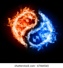 Symbol of yin and yang of the dark background in the form of fire and water. The sign of the two elements.