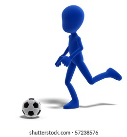 Symbolic 3d Male Toon Character Plays Soccer Or Football. 3D Rendering With Clipping Path And Shadow Over White