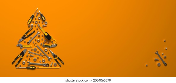A symbolic Christmas tree made of construction tools on a yellow background. Creative template of a New Year greeting for building and engineering companies. 3D render.