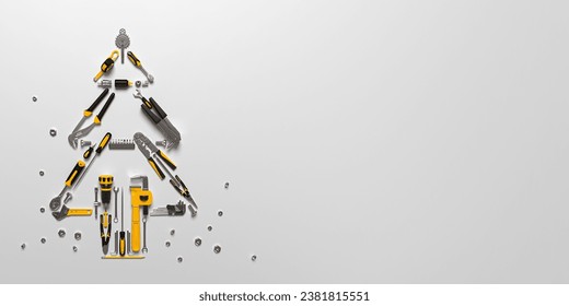 A symbolic Christmas tree made of construction tools. New Year and Christmas greeting illustration. 3D render. - Powered by Shutterstock