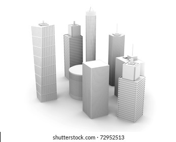 A Symbolic City Illustration. 3D Render. Skyscrapers Isolated On White.