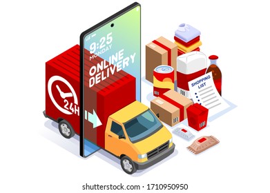 Symbolic Commercial Home Deliver Symbol. Courier Truck Of Delivering Boy With In House Parcel, E Commerce Sign. Illustration Icon. Express Food, Home Delivery Commercial Online Order Concept.