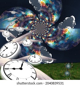 Symbolic composition. Winged clocks represent flow of time. 3D rendering.
