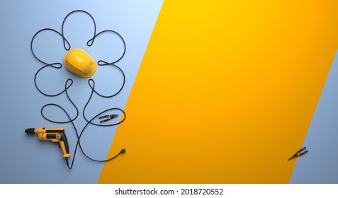 A symbolic flower made of a drill wire and a protective helmet on a blue background. A greeting card for the Builder's Day, Labor Day or a similar professional holiday. 3D render. - Powered by Shutterstock