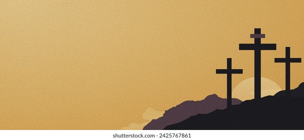 Symbolic Good Friday Banner. Lenten Season Holy Week Background. Three crosses illustration with grunge and paint design style. Setting sun behind hills.  - Powered by Shutterstock