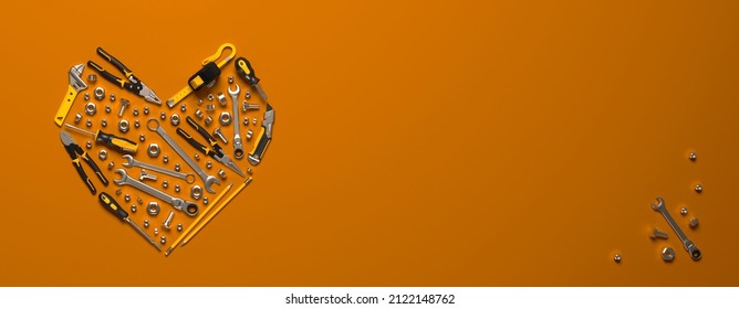 A symbolic heart made of construction tools set. Creative template for the Builder's Day, Labor Day (and similar professional holidays) or the Valentine's Day greeting card or banner. 3D render. - Powered by Shutterstock