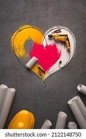 A symbolic heart made of a drill wire and construction tools on a grey background. A greeting card for the Builder's Day, Labor Day and similar professional holidays or a Valentine's Day. 3D render.