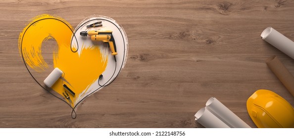 A symbolic heart made of a drill wire and construction tools on a wooden background. A greeting card for the Builder's Day, Labor Day and similar professional holidays or a Valentine's Day. 3D render. - Powered by Shutterstock