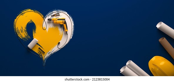 A symbolic heart made of a drill wire and construction tools on a blue background. A greeting card for the Builder's Day, Labor Day and similar professional holidays or a Valentine's Day. 3D render. - Powered by Shutterstock